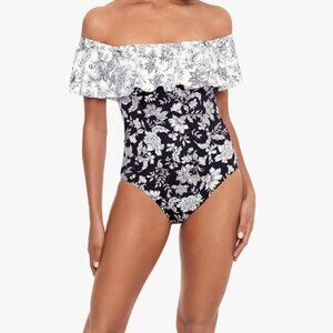LAUREN Ralph Lauren Toile Floral Ruffle  BLACK/WHITE ONE PIECE SWIMSUIT 20W